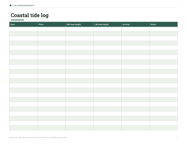 Preview of Printable Tide Log Sheet